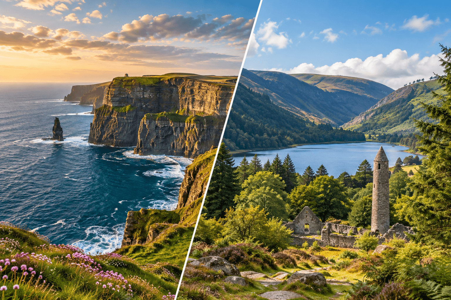 Cliffs of Moher on Ireland’s Atlantic coast compared with the Wicklow Mountains and Glendalough on a day trip from Dublin.